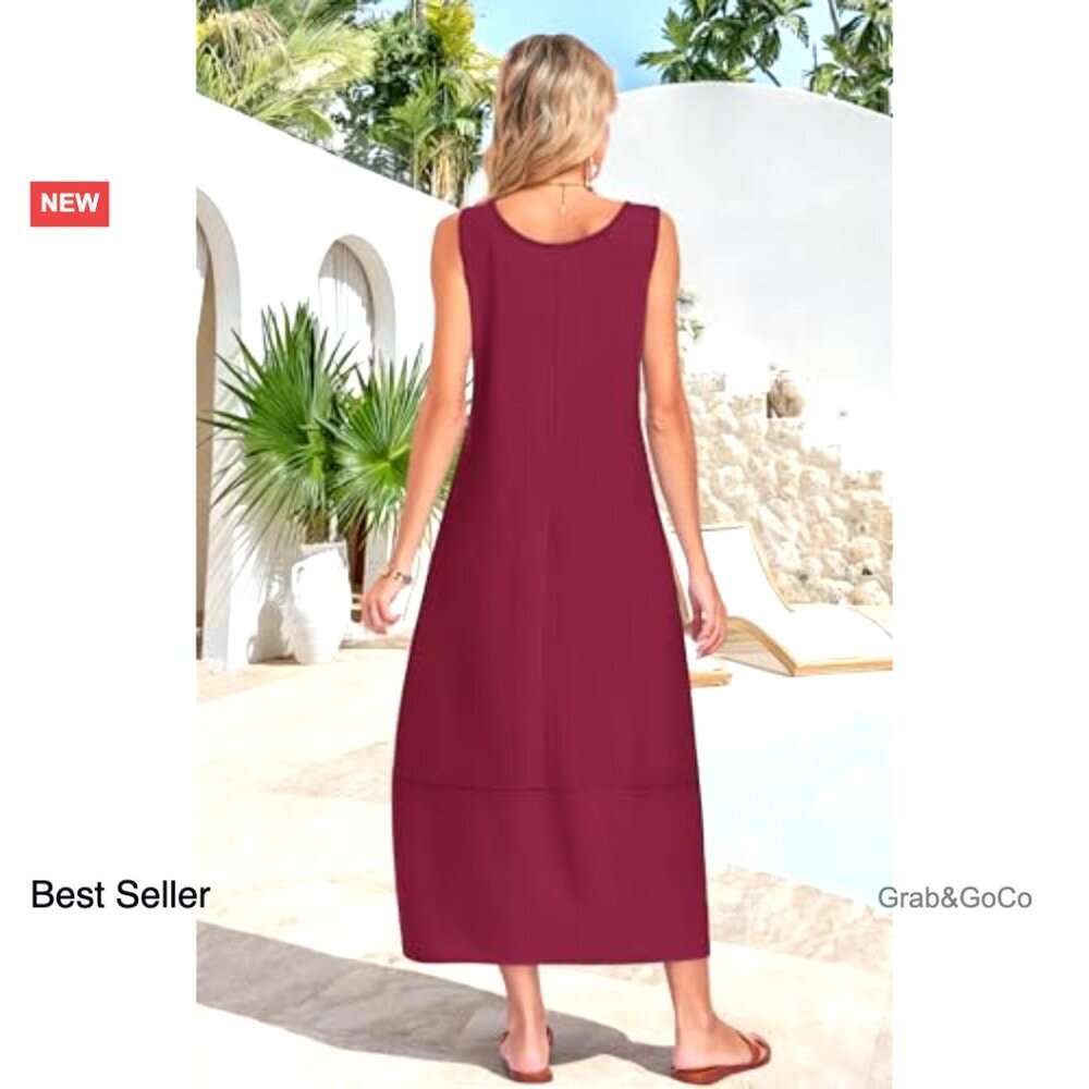 Sleeveless Boho Maxi Dress Flowy Casual Sundress with Pockets Beach Vacation - Picture 4 of 6